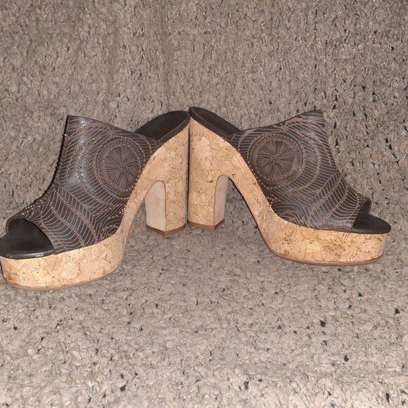 LOLA CRUZ-Cork Platform-Brown Leather/Mini Studded Clogs-Boho-Sz 39-Near Mint - Picture 4 of 9